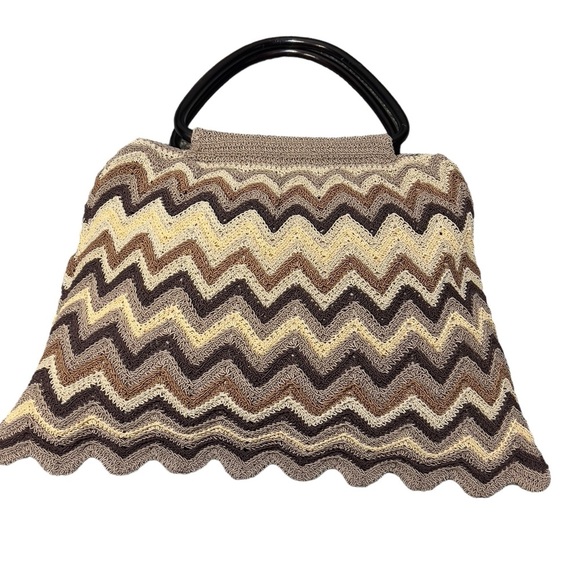 Nine West Vintage Crochet Knit Beach Chevron Wooden Top Handle Hobo Bag - Picture 3 of 14